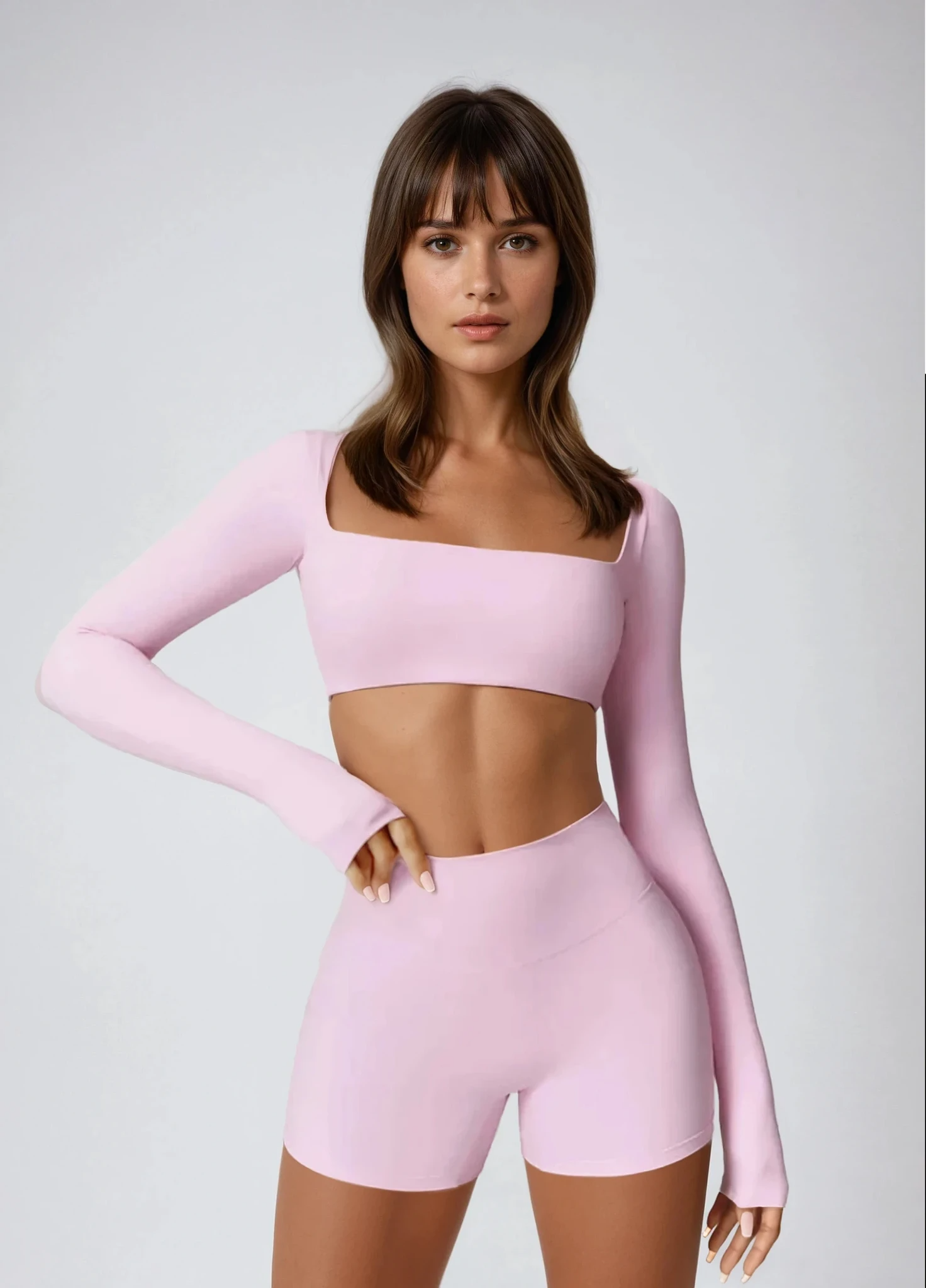 Seamless Activewear Sæt – ribbet kompression, langærmet + shorts – flere farver