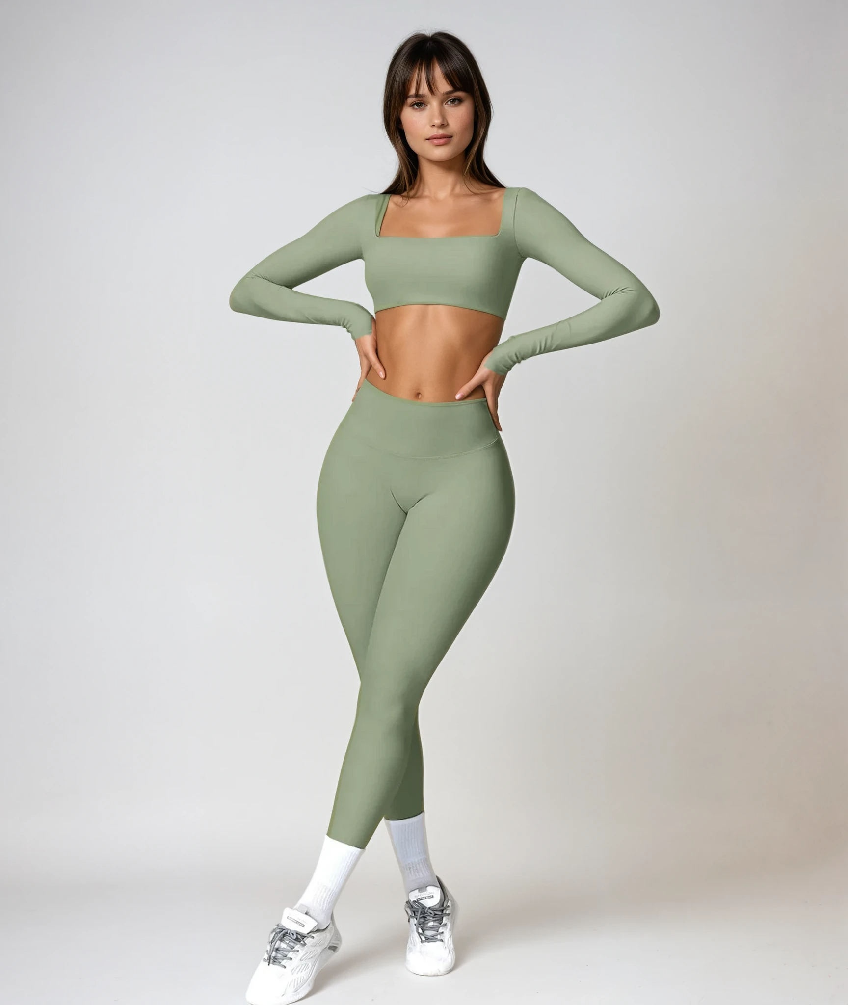 Seamless Activewear Sæt – ribbet kompression, langærmet + leggings – flere farver