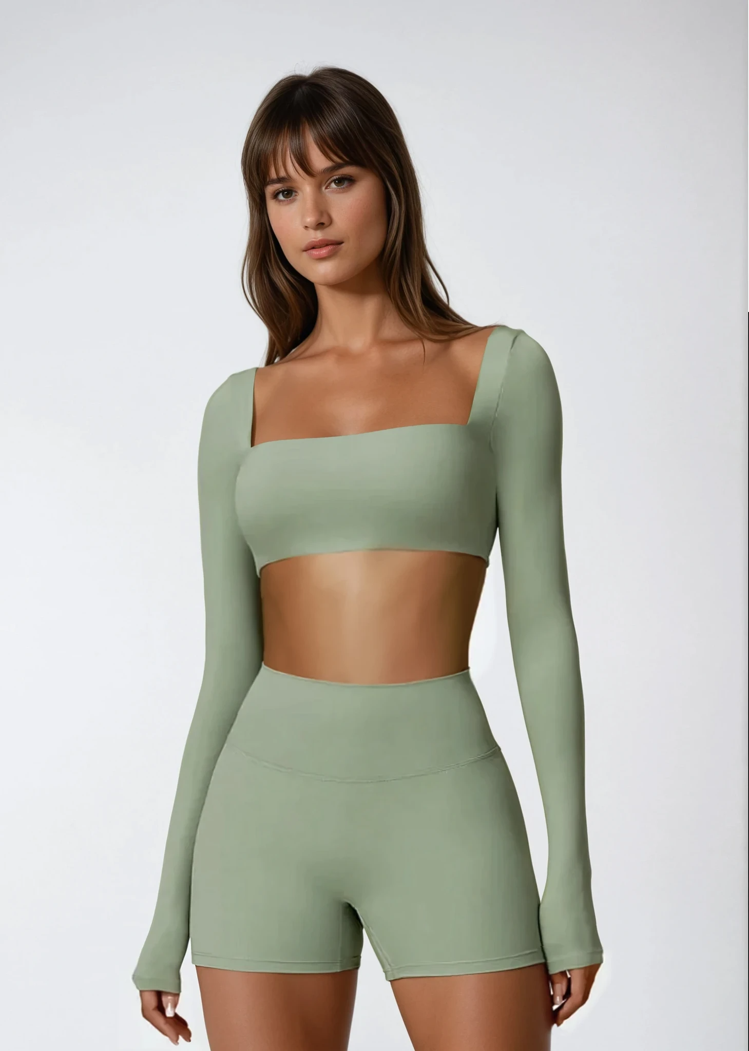 Seamless Activewear Sæt – ribbet kompression, langærmet + shorts – flere farver