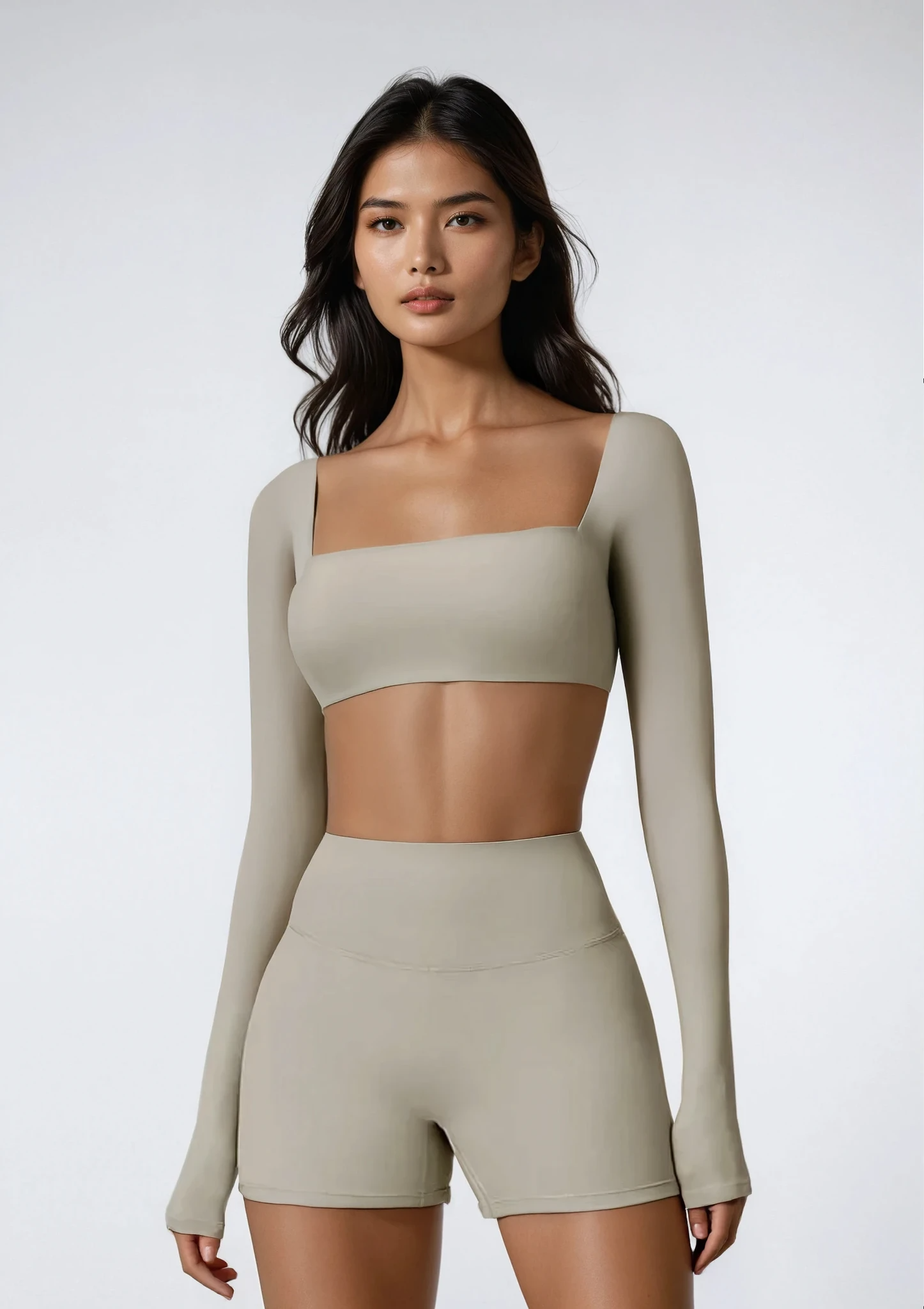 Seamless Activewear Sæt – ribbet kompression, langærmet + shorts – flere farver