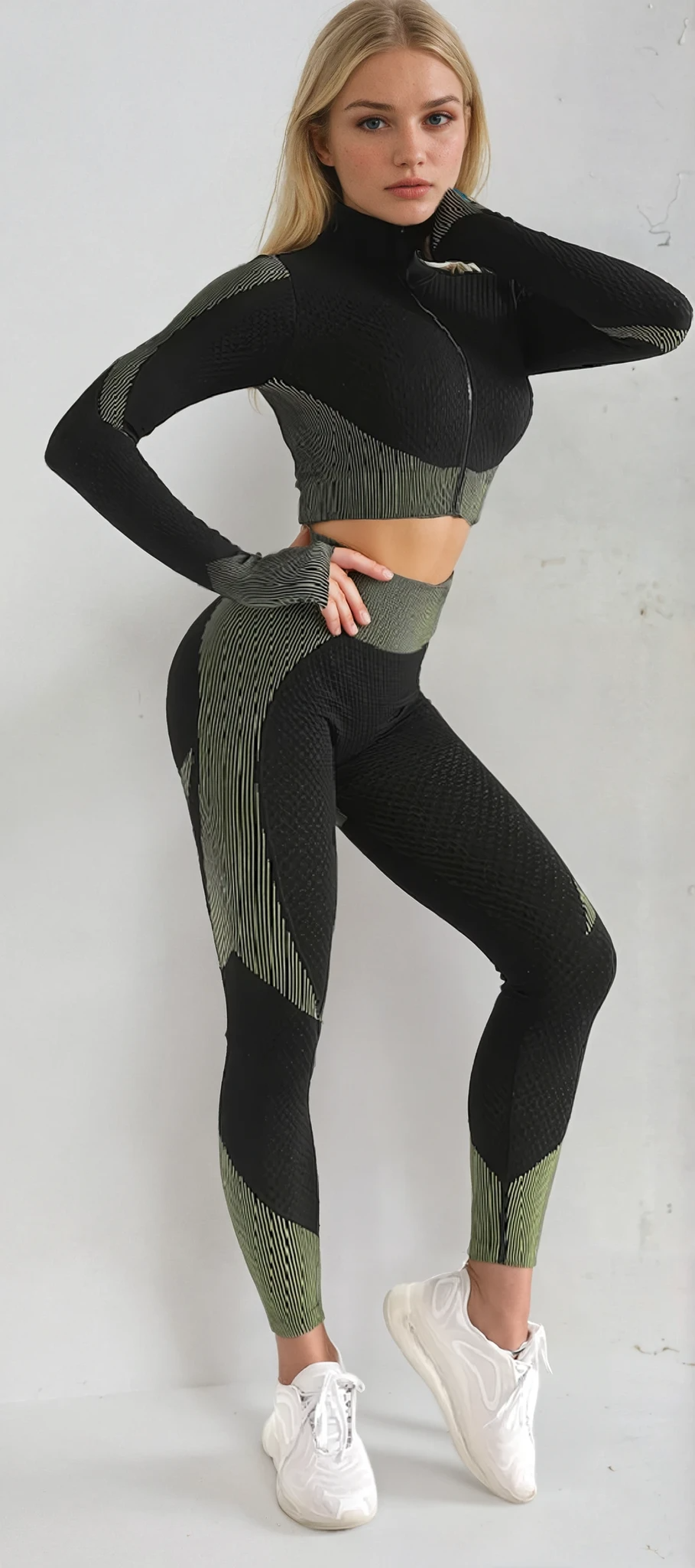 3PCS Seamless Yoga Set – top + BH + tights – kompression – sort